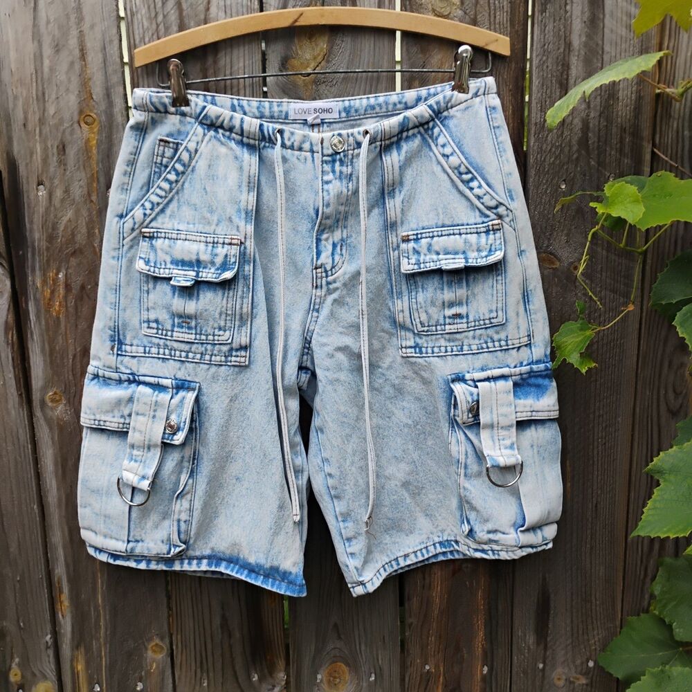 LOVE SOHO Acid Wash Denim Cargo Jorts Shorts Size 7 Y2K Grunge Utility Buckles